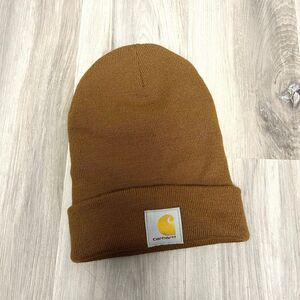 Carhartt Brown Knit Logo Rolled Cuff Beanie Hat in OS